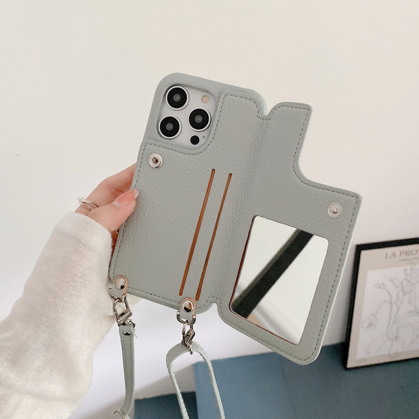 Phone Case Lychee Pattern Card-inserting Beauty Mirror Crossbody