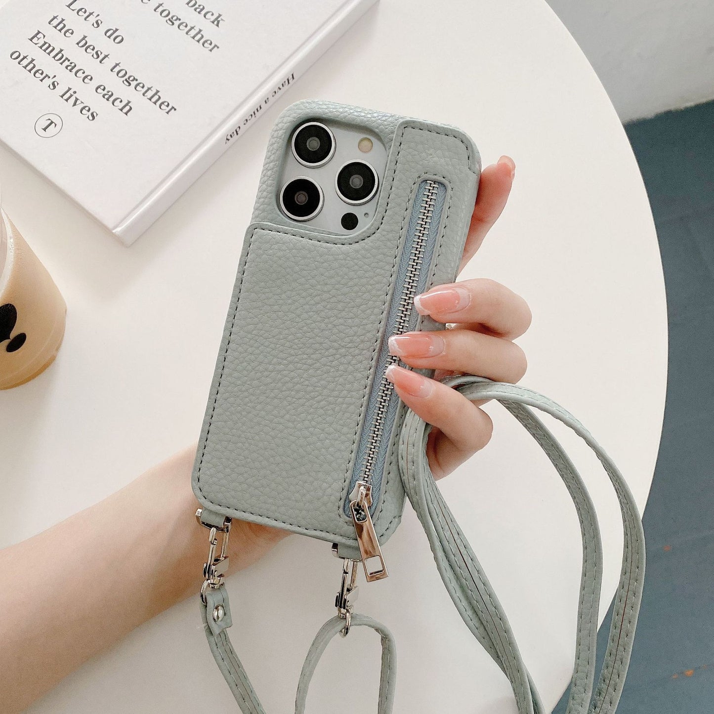 Phone Case Lychee Pattern Card-inserting Beauty Mirror Crossbody