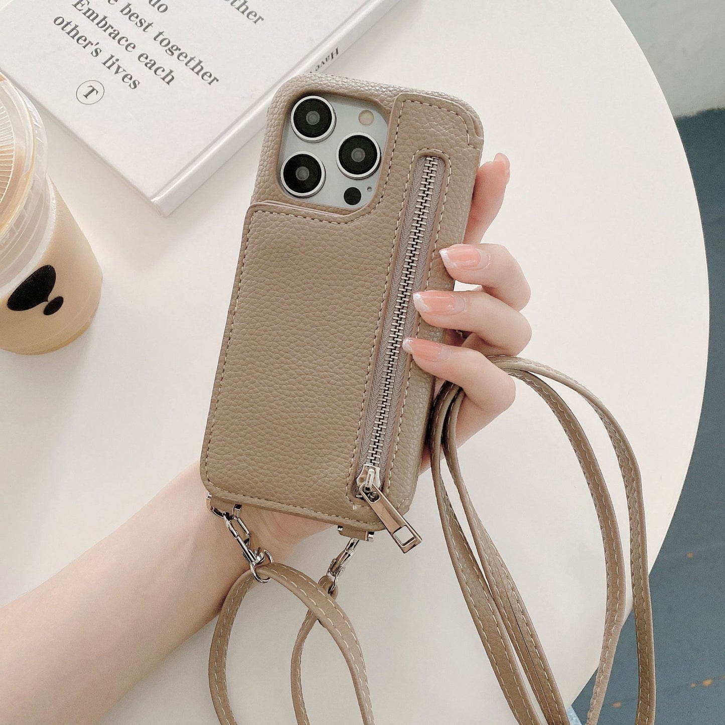 Phone Case Lychee Pattern Card-inserting Beauty Mirror Crossbody