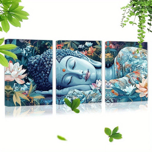 Mentally Compassionate Buddha 3pcs Framed Canvas Wall Art Set - Ready To Hang, Perfect For Living Room, Bedroom, Or Office Decor