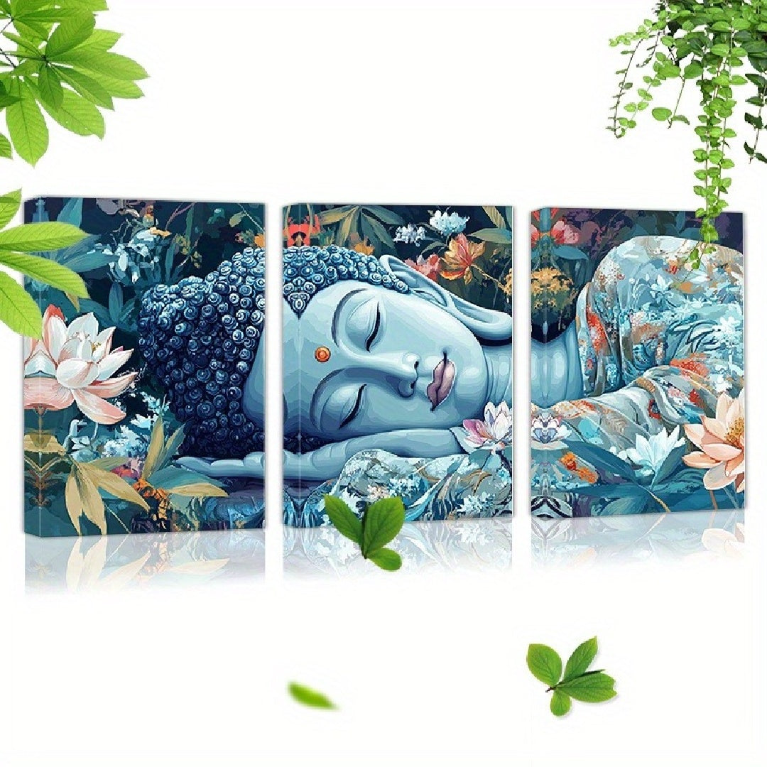 Mentally Compassionate Buddha 3pcs Framed Canvas Wall Art Set - Ready To Hang, Perfect For Living Room, Bedroom, Or Office Decor