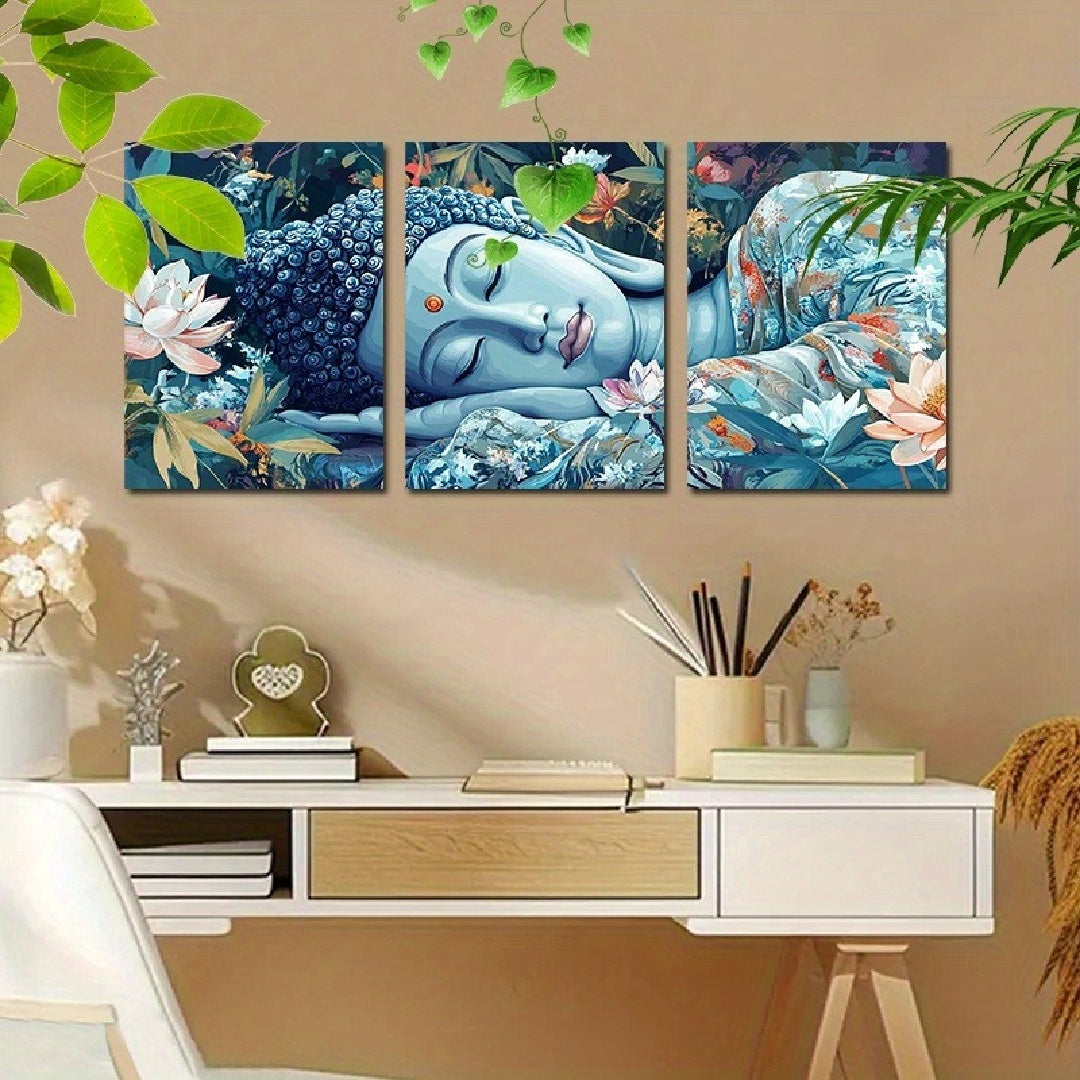 Mentally Compassionate Buddha 3pcs Framed Canvas Wall Art Set - Ready To Hang, Perfect For Living Room, Bedroom, Or Office Decor