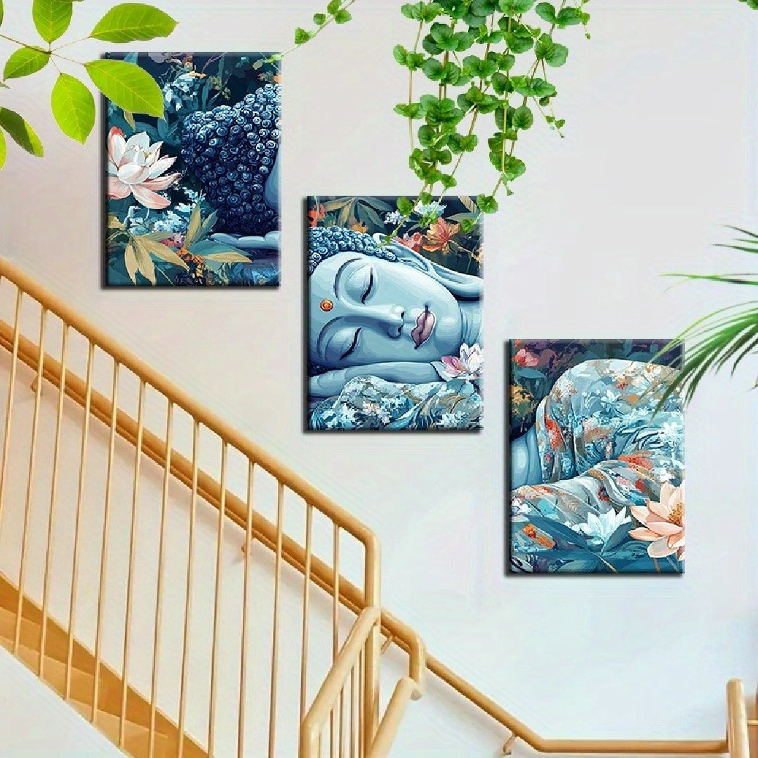 Mentally Compassionate Buddha 3pcs Framed Canvas Wall Art Set - Ready To Hang, Perfect For Living Room, Bedroom, Or Office Decor